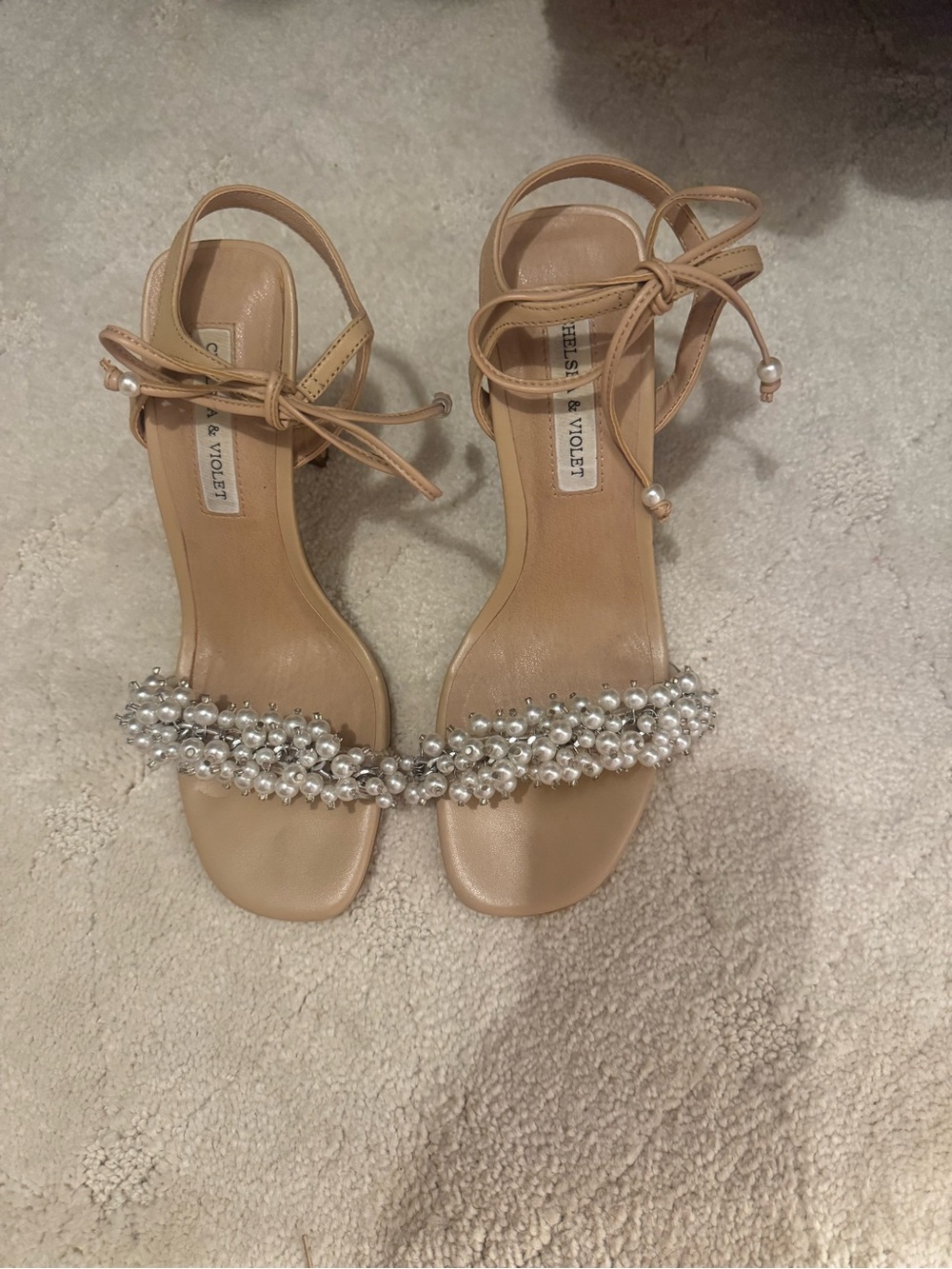 Chelsea & Violet Nude Pearl-Embellished Ankle-Tie Heels